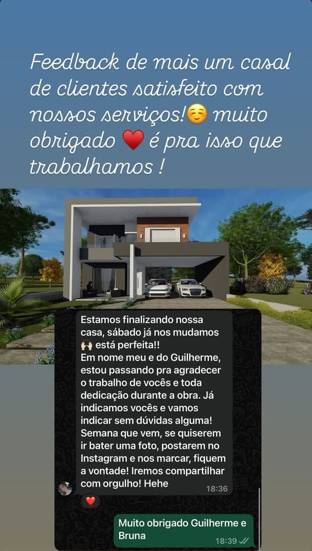 Mensagem de clientes agradecendo pela obra concluída